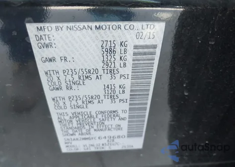 2015 Nissan Pathfinder Platinum из США, поврежденный, VIN 5N1AR2MM6FC649680